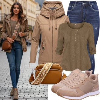 outfit mit Bež Dolga jakna/Parka Prehodna Jakna/Jesenska jakna/Jakna s Kapuco/Zimska Parka relevance "Jesenska oblačila za vsak dan"
