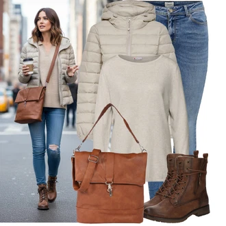 Outfity z džínu Zima s Béžová/Khaki/Hnědá Péřová Bunda/Udržitelná bunda/Puchová Bund/Bunda s Kapucí/Nafukovací Bund/Letní peřová bunda/Zimní Bund Only "Každodenní vzhled"