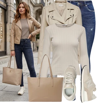 Outfit s Khaki/Hnědá/Béžová Kožené Bund Bunda z Umělé Kůže/Motorkářská bunda/Motorkářské Bund/Bunda s Bočním Zipem Only "Každodenní vzhled"