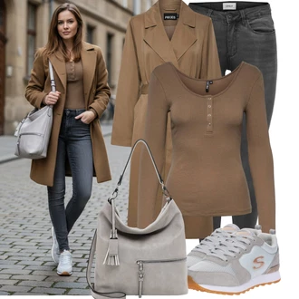 s tlačítkem Outfit s Hnědá/Khaki/Béžová/Šedá Jednoduchý top/Ležérní top/Pletené tričko/Košile s dlouhým rukávem/Dlouhý top/Košilový top/Dlouhá košile Pieces "Každodenní vzhled"