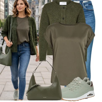 Outfit s Tmavě zelená/Khaki Jednoduchý top/Síťované tričko/Tričko nadměrné velikosti/Top Na Party/Košilový top/Tričko s krátkým rukávem/Krátký top/Zavinovací Tričko Vila "Lehké jarní outfit"