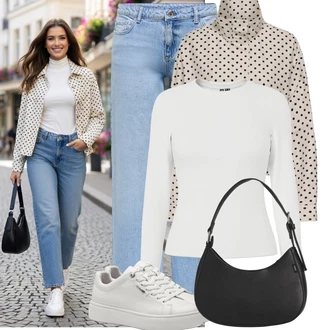 Rave Outfit s Šedá/Krémová/Bílá/Stříbrný Teniska na platformě/Nízká Teniska/Kožené Tenisky/Úzká Teniska Tamaris "Lehké jarní outfit"Look: Bar, Pohřeb, Galavečer, Rave, Škola, Svatba, Koncert