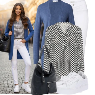 90tá léta, Styl Outfit s Bílá/Hnědá/Černá Džín s Širokou Nohavicí/Dámské Džíny s Délkou 7/8/Zvonové Džíny/Zkrácené Džíny/Formální Košile/Džíny Culottes/Plisované Džíny Only "Lehké jarní outfit"Look: Styl, Cool, Francouzské, Italský, Námořní, Moderní, Mom, Krásný, Španělské, Western, Old Money, 70tá léta