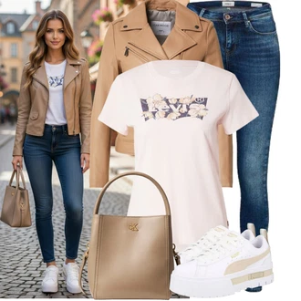 Outfity z džínu Chytrý příležitostný s Bílá/Šedá/Béžová Nízká Teniska/Teniska na platformě Puma "Lehké jarní outfit"Look: Estetika, Ležérní, Extravagantní, Hip Hop, Venkovní, Skater, Chytrý příležitostný, Sportovní, Steampunk, Unisex