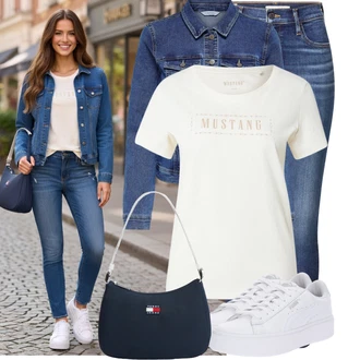 Outfit s Tmavě modrá/Modrá/Světle modrá Džínové Bund/Krátké Džínové Bundičky Only "Lehké jarní outfit"