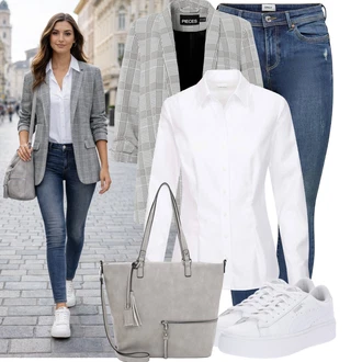 Outfity z džínu Chytrý příležitostný s Šedá/Béžová/Světle šedá Dlouhý Sako/Oversize Sako/Boyfriend Sako/Kostkované Sako Pieces "Lehké jarní outfit"Look: Business, Cool, Kancelář, Chytrý příležitostný, Univerzitní