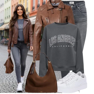 Outfity na podzim Krásný s Šedá/Světle šedá/Tmavě šedá Kožená bunda/Zimní bunda/Kotníková Bota/Džíny s Nízkým Sedem/Kožené Boty/Kožená Pánská Bund/Slim Fit Džíny/Termální Džíny/Motorkářské Džíny/Push up Džín/Džíny s Rozparkem Only, Hnědá/Růžová/Tmavě hnědá Oakwood "Lehký outfit"Look: Styl, Cool, Krásný, Old Money, Bezešvé, Francouzské, Moderní, Venkovní, Chytrý příležitostný, Univerzitní, Western