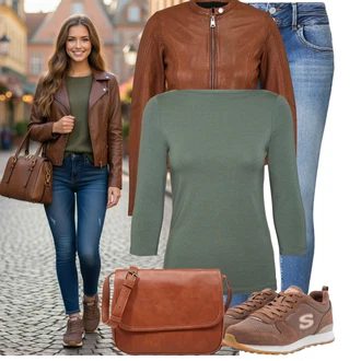 s tlačítkem Outfit s Hnědá/Béžová Bagetová taška/Taška/Klasická Taška Přes Rameno/Taška Na Notebook/Kancelářská Taška/Brašna/Sportovní Taška Přes Rameno About You "Lehký outfit"