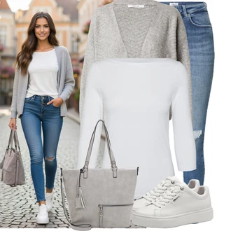 Rave Outfit s Šedá/Krémová/Bílá/Stříbrný Teniska na platformě/Nízká Teniska/Kožené Tenisky/Úzká Teniska Tamaris "Lehký outfit"Look: Bar, Pohřeb, Galavečer, Rave, Škola, Svatba, Koncert