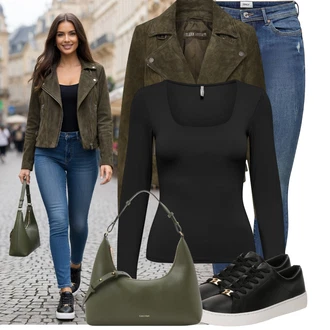 Outfity na podzim Krásný s Modrá/Tmavě modrá/Světle modrá Kožená bunda/Navlékací džíny/Kožené bundy/Džíny s Nízkým Sedem/Džín s Nízkým Pasem/Džíny s Dírou/Džíny s Rozparkem/Push up Džín/Kožené Boty/Kotníková Bota Only "Lehký outfit"Look: Cool, Disko, Krásný, Old Money, Bezešvé