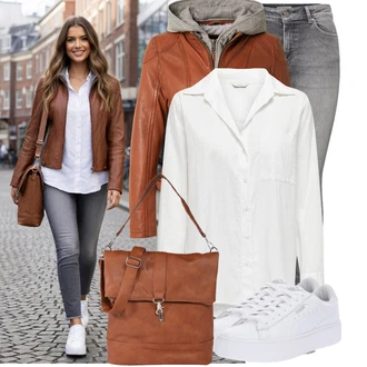 Outfity na podzim Krásný s Šedá/Světle šedá/Tmavě šedá Kožená bunda/Džíny s Rozparkem/Slim Fit Džíny/Džíny s Nízkým Sedem/Kožené Boty/Motorkářské Džíny/High Waist Džínové Kalhoty/Termální Džíny/Zimní bunda/Push up Džín Only, Hnědá/Béžová Obchodní Taška/Taška/Taška Na Notebook/Taška na Macbook/Taška Na Notebook/Kancelářská Taška/Brašna/Sportovní Taška Přes Rameno About You "Lehký outfit"Look: Cool, Disko, Moderní, Krásný, Old Money, Bezešvé, Skromné, Boho, Safari, Western