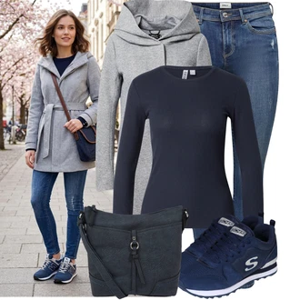 7/8 délka Outfit s Modrá/Tmavě modrá/Světle modrá Kožená bunda/Navlékací džíny/Kožené bundy/Džíny s Nízkým Sedem/Džín s Nízkým Pasem/Džíny s Dírou/Džíny s Rozparkem/Push up Džín/Kožené Boty/Kotníková Bota Only "Módní outfit pro volný čas"