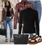 Tmavě červené kožené bundy outfity image