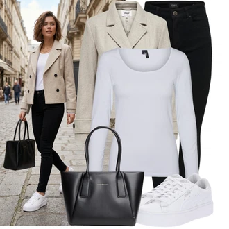 Dlouhé Outfit s Černá/Bílá Kožená bunda/Kožené Boty/Zimní bunda/Slim Fit Džíny/Džíny s Nízkým Sedem/Push up Džín/Motorkářské Džíny/Termální Džíny Only "Módní outfit pro volný čas"