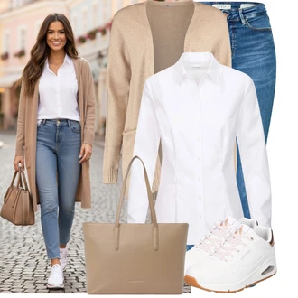 Outfity na podzim Krásný s Béžová/Hnědá/Khaki Pletenina veľkej veľkosti Hailys "Oblečení pro volný čas"Look: Pro Dům, Krásný, Nadrozměrné, Univerzitní