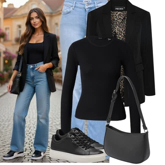 Ležérní Outfit s Černá Teniska Kožené Tenisky/Nízká Teniska/Teniska na platformě/Úzká Teniska Tamaris "Oblečení pro volný čas"Look: Bad Taste, Ležérní, Hip Hop, Lak, Skater, Chytrý příležitostný, Sportovní, Unisex