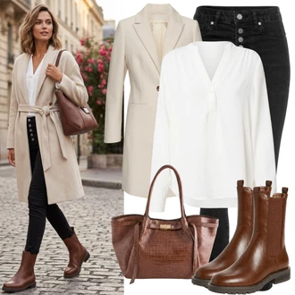 Baseball Outfit s Bílá/Krémová/Tmavě modrá/Khaki Blůza s nášivkou na lokti/Halenka s Dlouhým Rukávem/Blůza s knoflíčkem VERO MODA "Podzimní outfit pro každý den"Look: Baseball