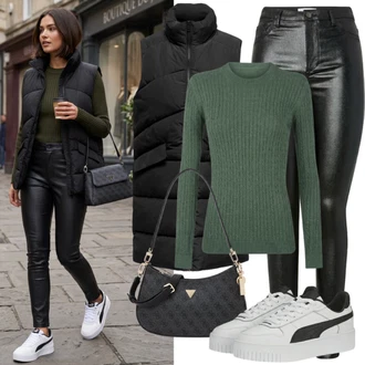 Velike velikosti outfit mit Zelena/Temno zelena Preprost Pulover/Kratek Pulover/Teddy Pulover/Pulover z Izrezom/Pulover Nicki/Pulover iz Kašmirja/Fini Pleteni Pulover/Osnovni Pulover/Pulover Carmen/Pleteni Pulover MICHAEL Michael Kors, Črna Skinny Hlače/Hlača z luknjo/Hlača z Razporkom/Pajkice z Razporkom/Usnjena Hlača/Jeggings/Nagubane hlače dstreet "Prosti čas oblačila"