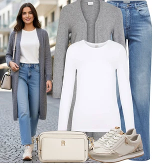 Výstřih do V Outfit s Krémová/Bílá Pletené tričko/Roláková Košile/Dlouhá košile/Jednoduchý top Pieces "29128061"