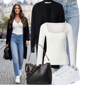 Výstřih do V Outfit s Bílá/Krémová/Stříbrný/Fialová Pletený top/Pletené tričko/Jednoduchý top Edited "Cool outfity na volný čas"