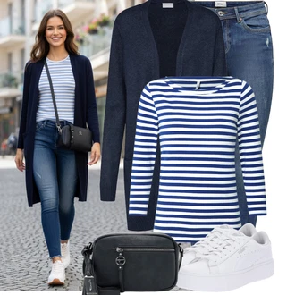 Výstřih do V Outfit s Tmavě modrá Nezařazené Vila, Tmavě modrá/Modrá Tričko s 3/4 rukávem/Pruhované Tričko Only "Cool outfity na volný čas"