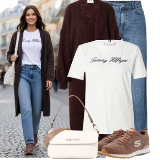 Výstřih do V Outfit s Krémová/Červená/Bílá/Světle modrá/Hnědá Tričko s krátkým rukávem/Fancy tričko Tommy Hilfiger "Cool outfity na volný čas"