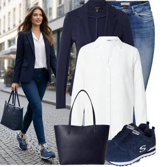 Outfit s Modrá/Tmavě modrá/Světle modrá Teniska teddy/Letní tenisky/Teniska se zapínáním na suchý zip/Úzká teniska/Nízká Teniska/Vintage teniska Skechers "Cool outfity na volný čas"