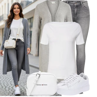 Výstřih do V Outfit s Šedá/Bílá/Krémová Tričko/Jednoduchý top/Mužské běžecké boty/Fancy tričko/Funkční tričko/Pletené tričko/Dlouhá košile/Tričko s krátkým rukávem/Roláková Košile VERO MODA "Cool outfity na volný čas"