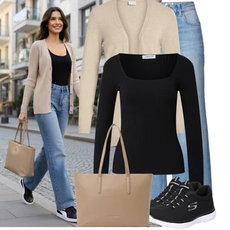 Výstřih do V Outfit s Béžová/Hnědá/Khaki Pletenina veľkej veľkosti Vila "Cool outfity na volný čas"