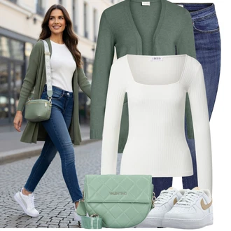 Výstřih do V Outfit s Bílá/Krémová/Stříbrný/Fialová Pletený top/Pletené tričko/Jednoduchý top Edited "Cool outfity na volný čas"