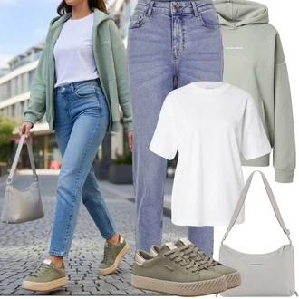 90tá léta Outfit s Světle modrá Mom Jean/Dad Džíny/Boyfriend Džínové kalhoty/High Waist Džínové Kalhoty/Navlékací džíny/Zužující se Džíny/Girlfriend Džíny/Kožená Pánská Bund/Vintage džíny/Zkrácené Džíny Pieces "Jarní Outfit"Look: Emo, Styl, 90tá léta, Ležérní, Cool, Krásný, Old Money