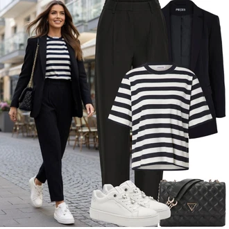 Hip Hop Outfit s Tmavě modrá/Modrá/Bílá/Béžová/Černá Pruhované Tričko Edited "Jarní Outfit"Look: Hip Hop, Námořní