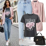 Hnědé a modré high waist džíny outfity image