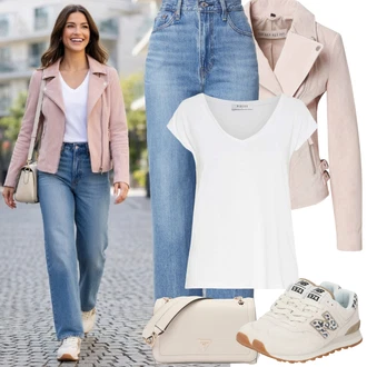 Výstřih do V Outfit s Bílá/Krémová Tričko/Jednoduchý top/Neformální tričko/Tričko s vodopádovým výstřihem/Košilový top/Zavinovací Tričko Pieces "Jarní Outfit"