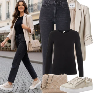 90tá léta Outfit s Modrá/Světle šedá/Černá/Tmavě modrá/Šedá/Tmavě šedá Slim Fit Džíny/Zužující se Džíny/Girlfriend Džíny/High Waist Džínové Kalhoty/Mom Jean/Termální Džíny/Džíny s Rozparkem/Dámské Džíny s Délkou 7/8/Džíny Regular Fit/Zkrácené Džíny/Rovná Džína/Zimní bunda Armedangels "Jarní Outfit"Look: Styl, 50. Let, 90tá léta, Cool, Old Money, Skromné