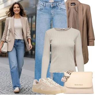 Výstřih do V Outfit s Béžová/Hnědá/Khaki Pletený top/Pletené tričko/Roláková Košile/Košilový top/Jednoduchý top Only "Jarní Outfit"
