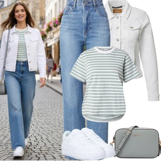 Motorka Outfit s Šedá/Krémová/Bílá Vintage Bund/Krátký Bund/Krátký Bund/Letní Bund/Krátké Džínové Bundičky Only "Frühlings Outfit"Look: Motorka, Jízda na koni