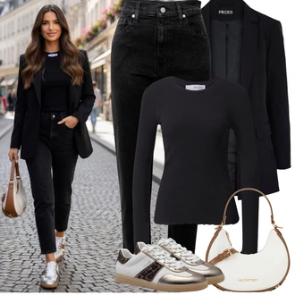 90tá léta Outfit s Černá Mom Jean/Dad Džíny/Zužující se Džíny/Girlfriend Džíny/Plisované Džíny/High Waist Džínové Kalhoty/Zkrácené Džíny/Džíny s Rozparkem levi's ® "Jarní Outfit"Look: Styl, Mom, 90tá léta, Cool, Krásný, Old Money, Venkovní
