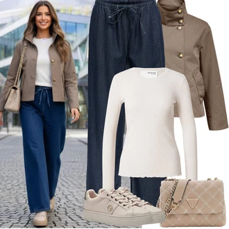 Výstřih do V Outfit s Béžová/Hnědá/Bílá/Růžová Pletený top/Pletené tričko/Jednoduchý top Selected "Jarní Outfit"