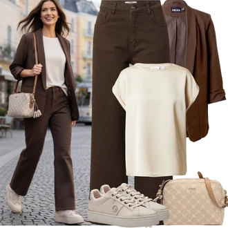 Outfit s Béžová/Khaki/Zlatý/Bílá/Hnědá Tričko nadměrné velikosti/Top Na Party/Tričko s vodopádovým výstřihem/Krátký top/Halenek top/Košilový top/Jednoduchý top/Tričko s krátkým rukávem Vila "Jarní Outfit"