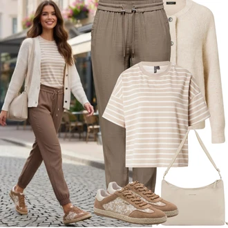 Výstřih do V Outfit s Khaki/Béžová/Hnědá/Oranžová Pletenina veľkej veľkosti Selected "Jarní Outfit"