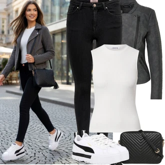 Motorka Outfit s Černá/Tmavě šedá Motorkářské Bund/Motorkářská bunda/Bunda s Bočním Zipem/Bunda z Umělé Kůže Only "Jarní Outfit"Look: Jízda na koni, Motorka
