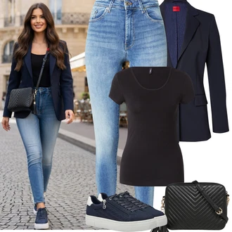 Outfit s Modrá/Tmavě modrá/Světle modrá Nízká Teniska/Teniska s dírkovaným vzorem/Letní Tenisky/Teniska na platformě/Úzká Teniska/Tenisky s Bočním Zipem/Kožené Tenisky Tamaris "Jarní Outfit"