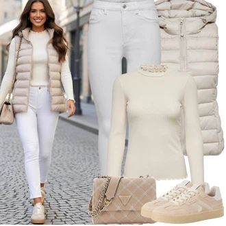 Výstřih do V Outfit s Béžová/Hnědá/Bílá/Khaki Pletený top/Pletené tričko/Roláková Košile JdY "Jarní Outfit"