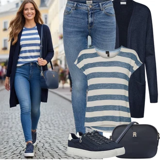 Výstřih do V Outfit s Tmavě modrá Pletenina veľkej veľkosti Vila, Šedá/Světle modrá/Modrá Pruhované Tričko VERO MODA "Jarní Outfit"