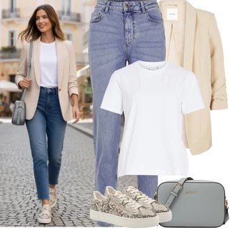 90tá léta Outfit s Světle modrá Mom Jean/Dad Džíny/Boyfriend Džínové kalhoty/High Waist Džínové Kalhoty/Navlékací džíny/Zužující se Džíny/Girlfriend Džíny/Kožená Pánská Bund/Vintage džíny/Zkrácené Džíny Pieces "Jarní Outfit"Look: Emo, Styl, 90tá léta, Ležérní, Cool, Krásný, Old Money