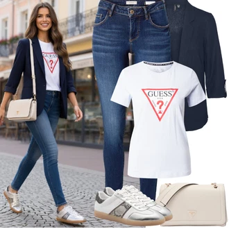 Outfit s Modrá/Tmavě modrá Kožená bunda/Kožená Pánská Bund/Kotníková Bota/Navlékací džíny/Push up Džín/Džín s Nízkým Pasem/Džíny s Nízkým Sedem/Kožené Boty/Zimní bunda/Slim Fit Džíny Guess "Jarní Outfit"