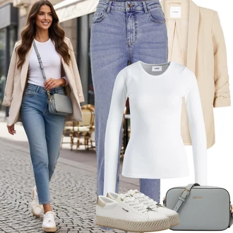 Výstřih do V Outfit s Bílá/Krémová Dlouhá košile/Síťované tričko/Sportovní top/Roláková Košile/Jednoduchý top/Funkční tričko/Košile s dlouhým rukávem/Tričko jjxx "Jarní Outfit"