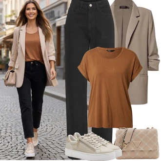 Outfit s Hnědá/Béžová/Tmavě hnědá/Oranžová Tričko/Jednoduchý top/Mužské běžecké boty/Neformální tričko/Fancy tričko/Pletené tričko/Tričko nadměrné velikosti/Košilový top/Tričko s krátkým rukávem/Krátký top Only "Jarní Outfit"