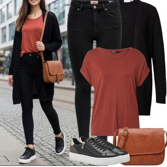 Výstřih do V Outfit s Červená/Tmavě červená/Hnědá/Oranžová Tričko s vodopádovým výstřihem/Krátký top/Dlouhá košile/Dlouhý top/Neformální tričko/Tričko s krátkým rukávem/Tričko/Jednoduchý top/Tričko nadměrné velikosti Only "Jarní Outfit"